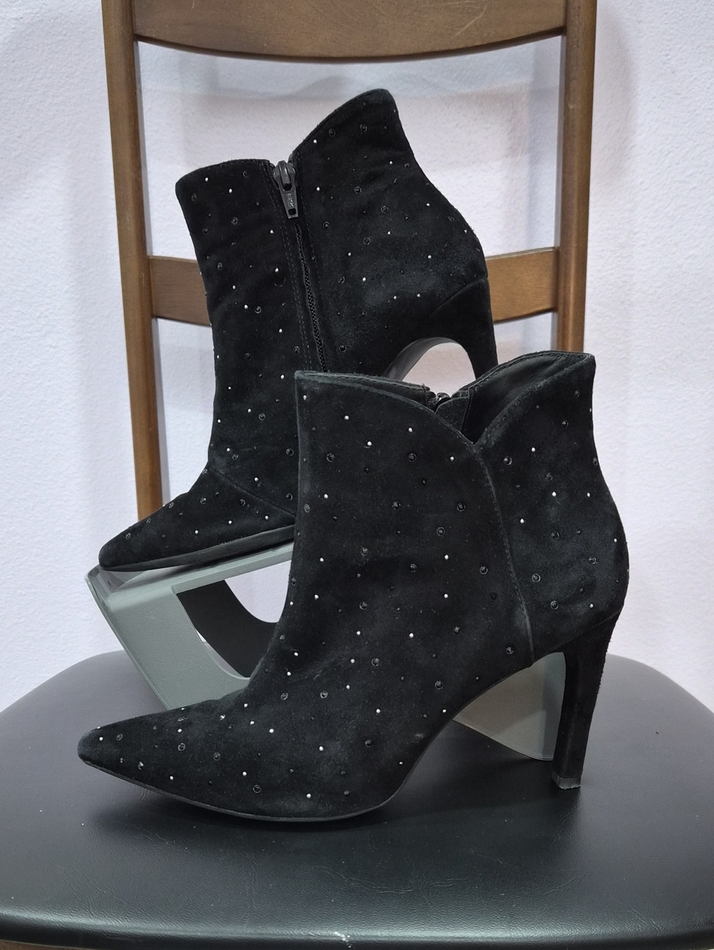 Geox Black Suede Crystal-Accented Ankle Booties